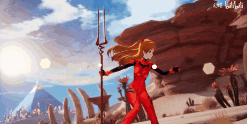 a girl in a red suit is holding a trident and the word bilibili is on the bottom right