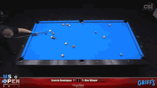 a pool game is being played between ernesto dominguez and alex ollinger