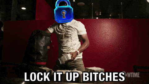 a man with a padlock on his head and the words lock it up bitches behind him