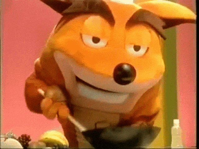 a close up of a crash bandicoot mascot cooking
