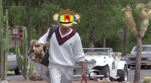 a man wearing sunglasses and a monkey head is walking down the street