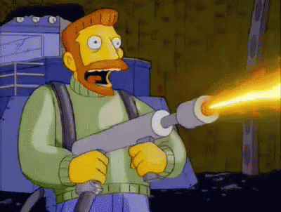 a cartoon character with a beard is holding a flamethrower in his hand