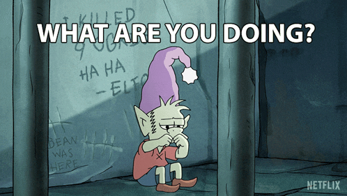 a cartoon character with the words what are you doing on the bottom
