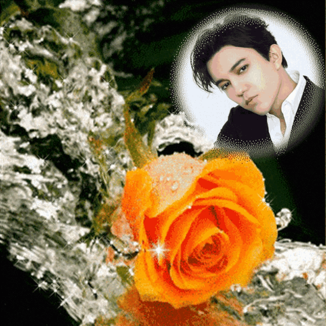 a picture of a man in a suit is framed around an orange rose