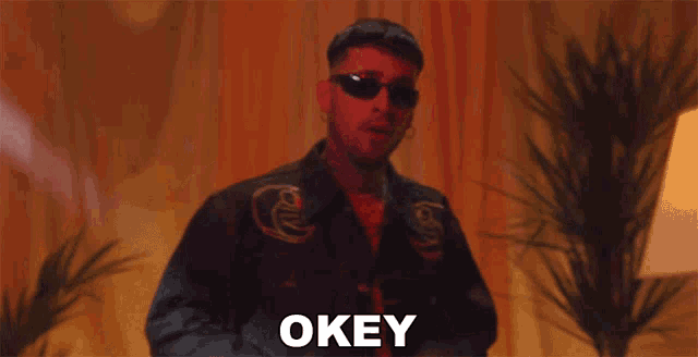 a man wearing sunglasses and a black jacket with the word okey above him
