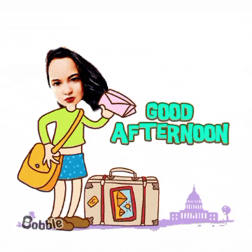 a cartoon of a woman holding an envelope with the words good afternoon behind her
