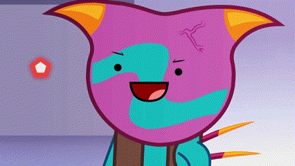 a cartoon character with a purple and blue face is smiling and looking at the camera