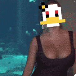 a woman with a pixelated duck mask on her face