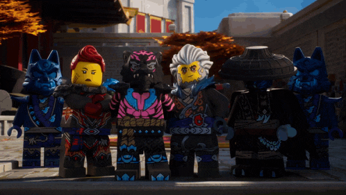 a group of lego ninjago characters are standing together