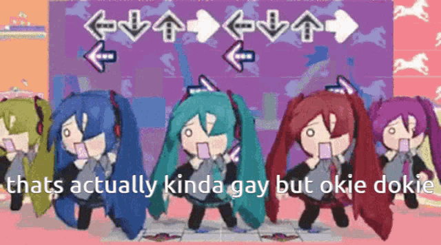 a group of anime girls are dancing in front of a purple background that says thats actually kinda gay but okie dokie