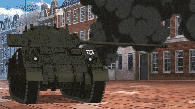 a green tank with a blue star on the front is driving down a street