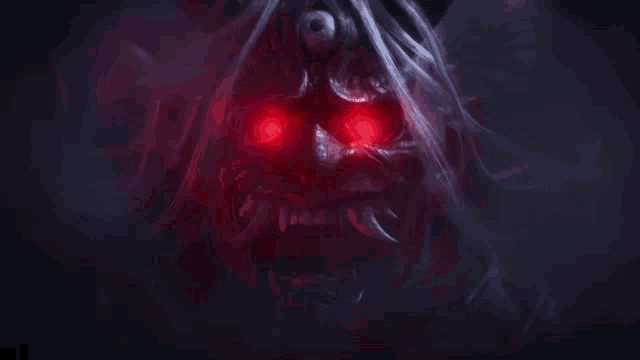 a demon with red eyes and teeth is surrounded by smoke