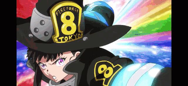 a girl with purple eyes is wearing a black hat with the number 8 on it