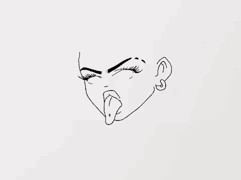 a black and white drawing of a woman 's face with her tongue hanging out .