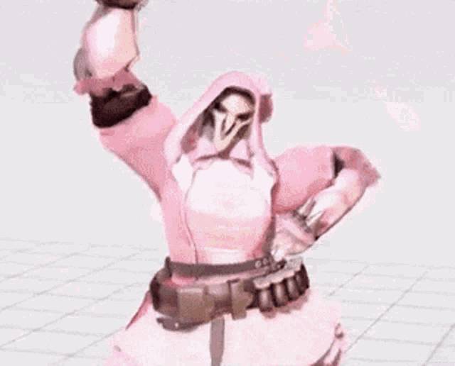 a cartoon character is wearing a pink hoodie and gloves and making a heart shape with his hands .