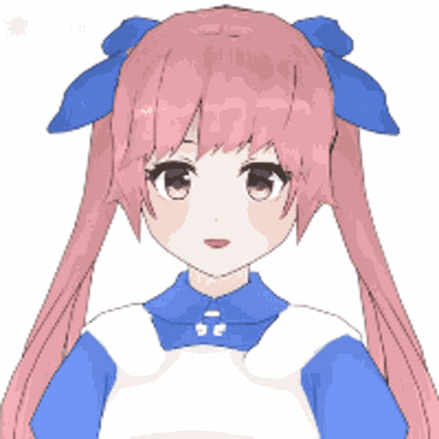 a drawing of a girl with pink hair and blue bows in her hair