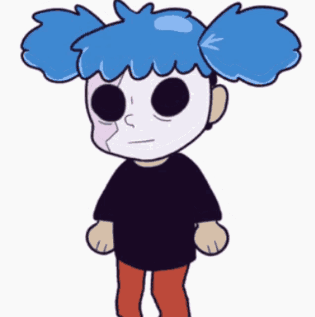 a cartoon character with a mask on his face and blue hair
