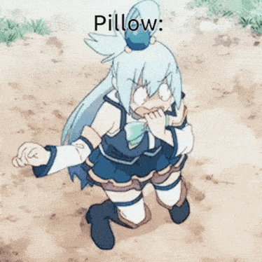 a blue haired anime girl is standing in the dirt with the words pillow written on the bottom