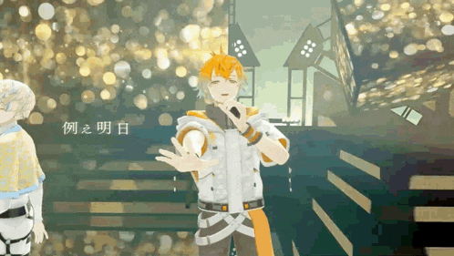 a man with yellow hair is holding a microphone in front of a building with chinese writing on it