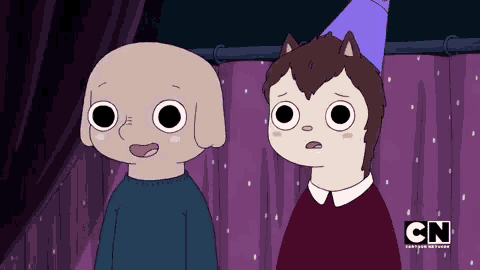 two cartoon characters are standing next to each other with cn written on the bottom right
