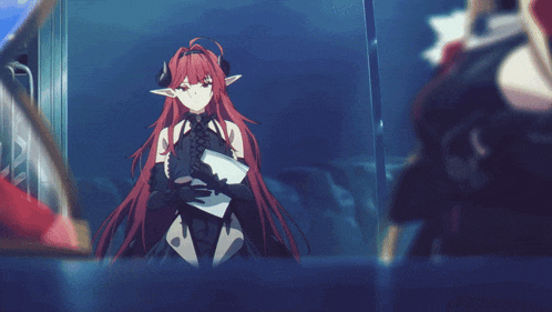 a girl with red hair and horns holds a piece of paper