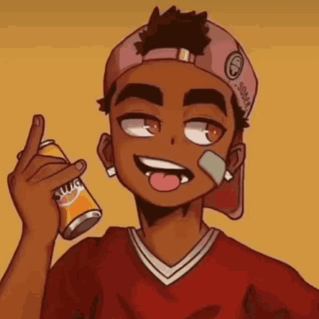 a cartoon boy is holding a can of soda .
