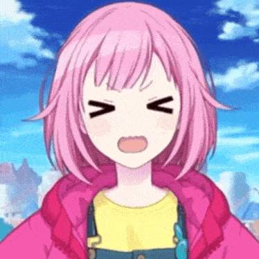 a girl with pink hair is wearing a pink jacket and overalls and has her eyes closed .