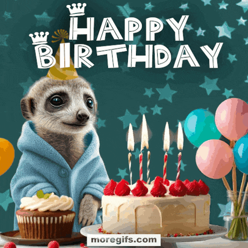 meerkat wearing a robe and hat standing next to a birthday cake