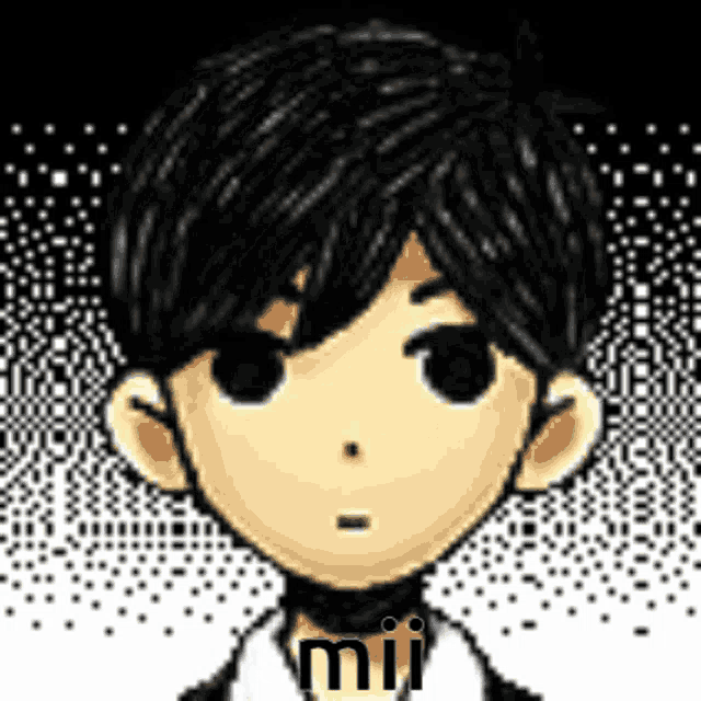 a pixel art of a boy with black hair and the word mii written on his chest .