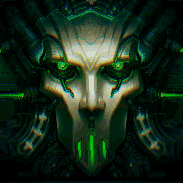 a painting of a robotic face with green eyes and the number 10 on it