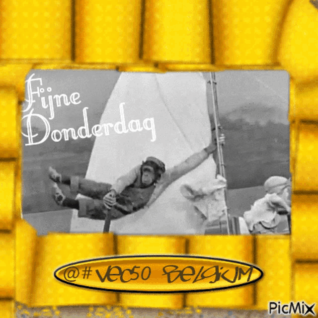 a picture of a man on a sailboat with the words " fijne donderdag " written on it