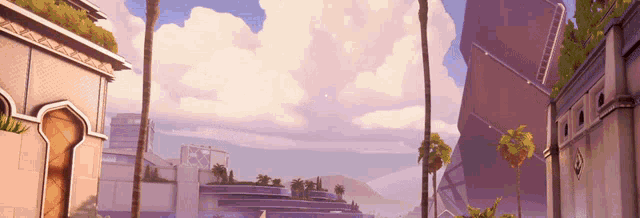 a video game scene with palm trees in the foreground and buildings in the background