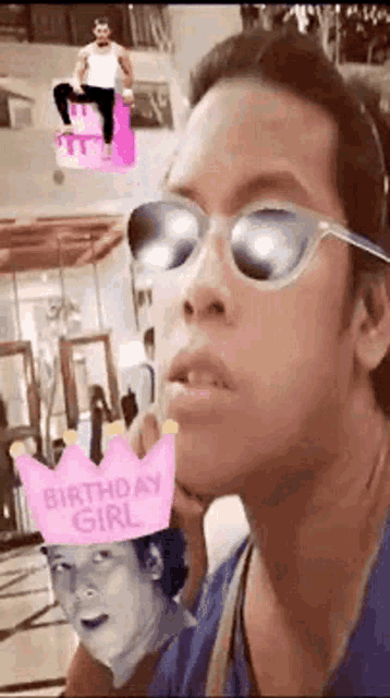 a man wearing sunglasses and a pink birthday girl crown is taking a selfie .