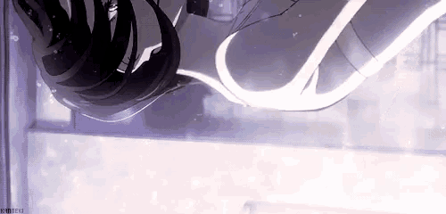 a girl with long black hair is flying through the air in a purple room .