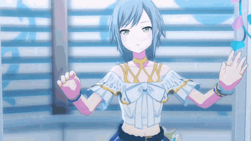 a girl with blue hair and a white shirt is standing in front of a window .
