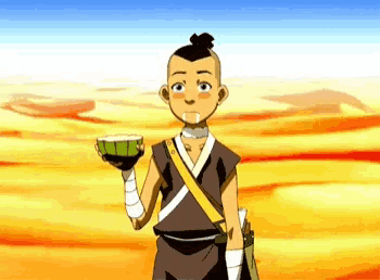 a cartoon character is holding a bowl in his hand .
