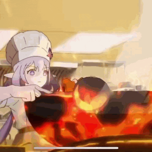 a girl in a chef 's hat is pointing at a pot of food .