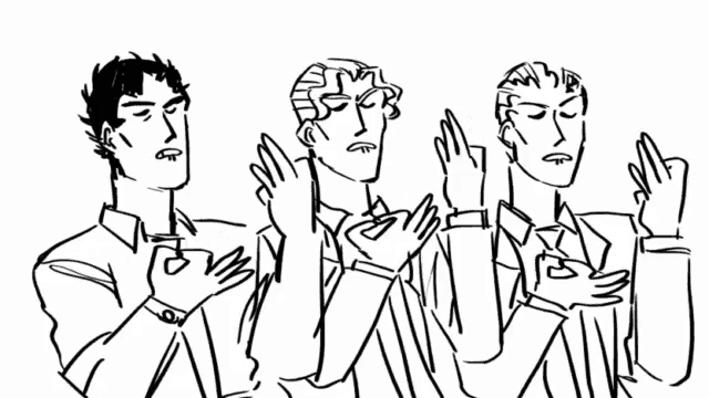 a black and white drawing of three men standing next to each other with their hands together .