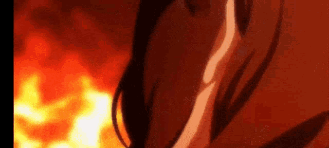 a close up of a person standing in front of a fire in a dark room .
