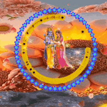 a painting of a man and woman in a circle with flowers around them