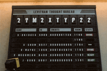 a scoreboard with the words levithan thought bureau on it