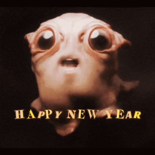 a happy new year greeting card with a cartoon character