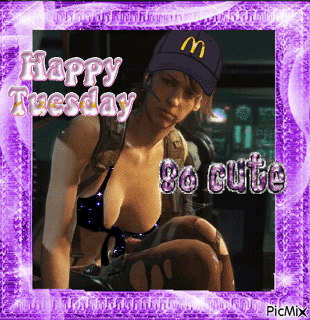 a picture of a woman wearing a mcdonald 's hat says happy tuesday