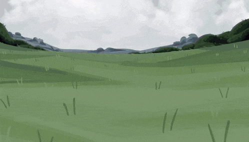 a painting of a green field with a few trees in the background