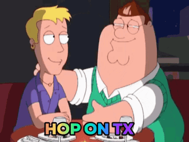 a couple of cartoon characters sitting at a table with the words hop on tx on the bottom right