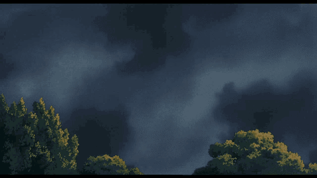 a painting of a stormy sky with trees in the foreground