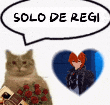 a cat is holding a bouquet of roses next to a heart with the words solo de regi written above it