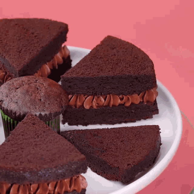 a white plate topped with slices of chocolate cake and chocolate cupcakes