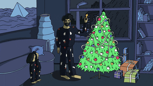 a cartoon of a man in pajamas decorating a christmas tree