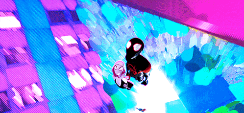 spider-man and gwen stacy are flying through the air in a cartoon